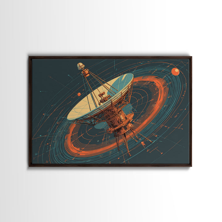 Deep Space Radio Telescope Canvas Print, Teal Orange Retro Futurism Poster, Orbital Lines Art, Midcentury Modern Wall Decor