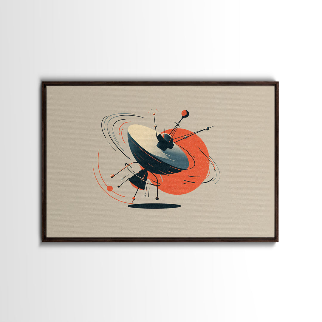 Atomic Sputnik Satellite Sculpture Wall Art, Mid Century Modern Poster, Orange Beige Retro Print, Geometric Space Home Decor