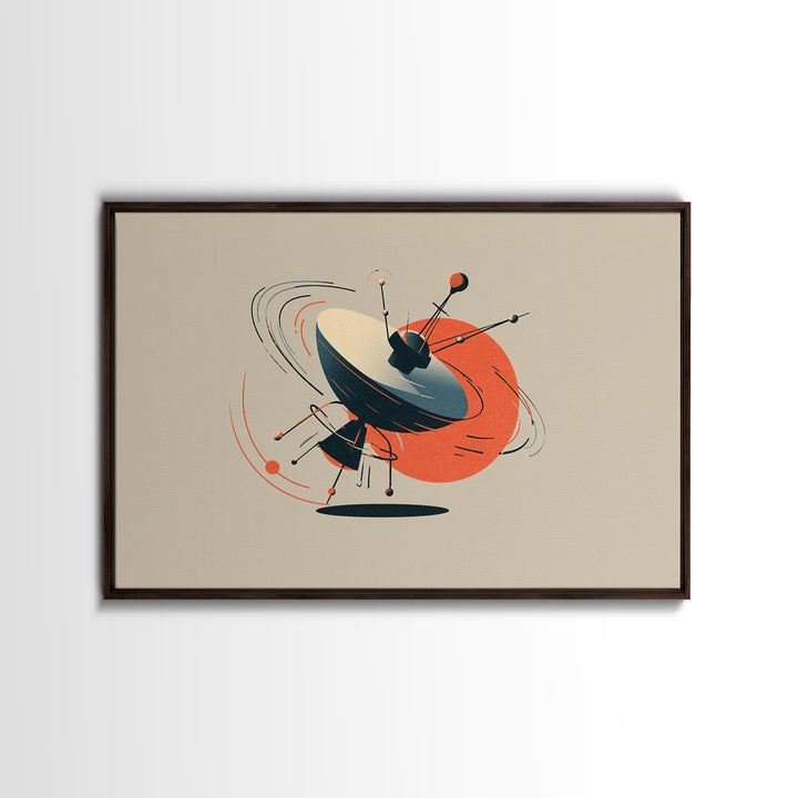Atomic Sputnik Satellite Sculpture Wall Art, Mid Century Modern Poster, Orange Beige Retro Print, Geometric Space Home Decor