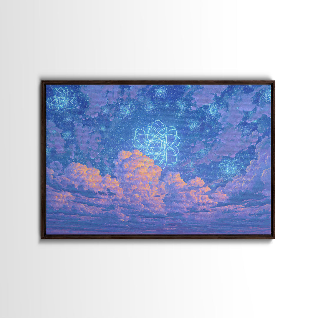 Dreamy Atomic Cloud Sky Wall Art, Pastel Space Poster, Celestial Midcentury Modern Decor, Blue Nursery Office Canvas Print
