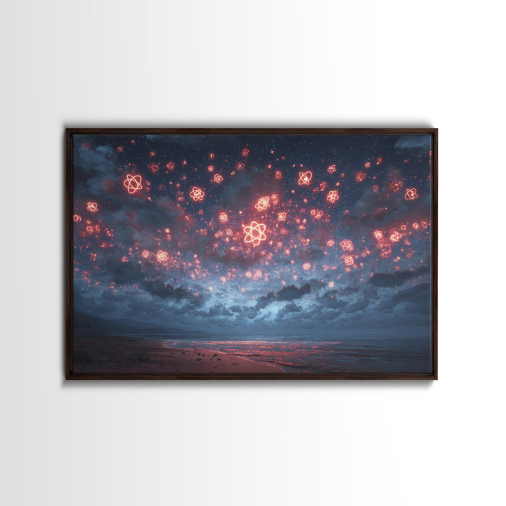 Red Atomic Night Sky Over Stormy Ocean Wall Art, Sci Fi Retro Art Print, Cosmic Retro Art, Space Abstract Art, Modern Wall Decor