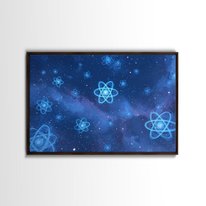 Blue Neon Atoms In Starry Nebula Canvas Print, Science Wall Art, Cosmic Retro Art, Modern Digital Art, Space Poster Decor