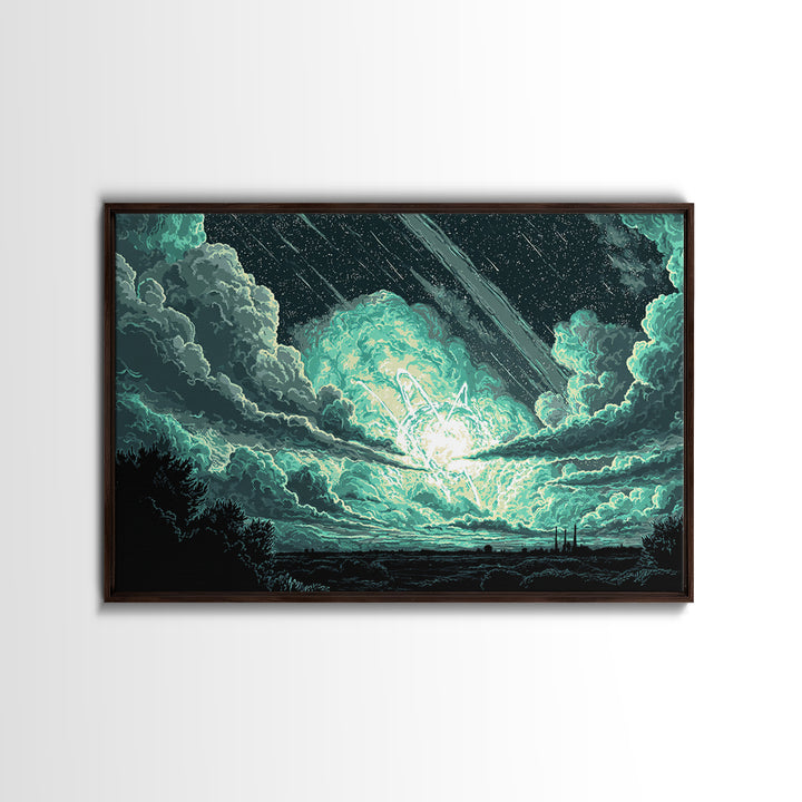 Glowing Meteor Burst In Emerald Clouds Wall Art, Pixel Sci Fi Landscape, Retro Art Poster, Space Abstract Art, Modern Wall Decor