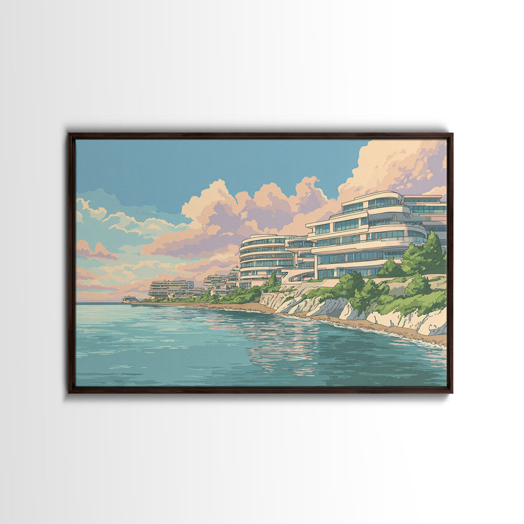 Pastel Coastal Modernist Apartments Canvas Print, Seaside Wall Art, Contemporary Print, Neutral Blue Home Decor, Ocean View Poster