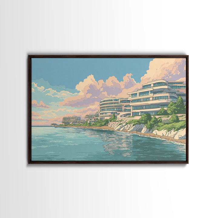 Pastel Coastal Modernist Apartments Canvas Print, Seaside Wall Art, Contemporary Print, Neutral Blue Home Decor, Ocean View Poster