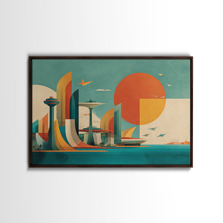 Geometric Futuristic City With Orange Sun Wall Art, Midcentury Modern Art, Atomic Retro Poster, Bauhaus Inspired Home Decor