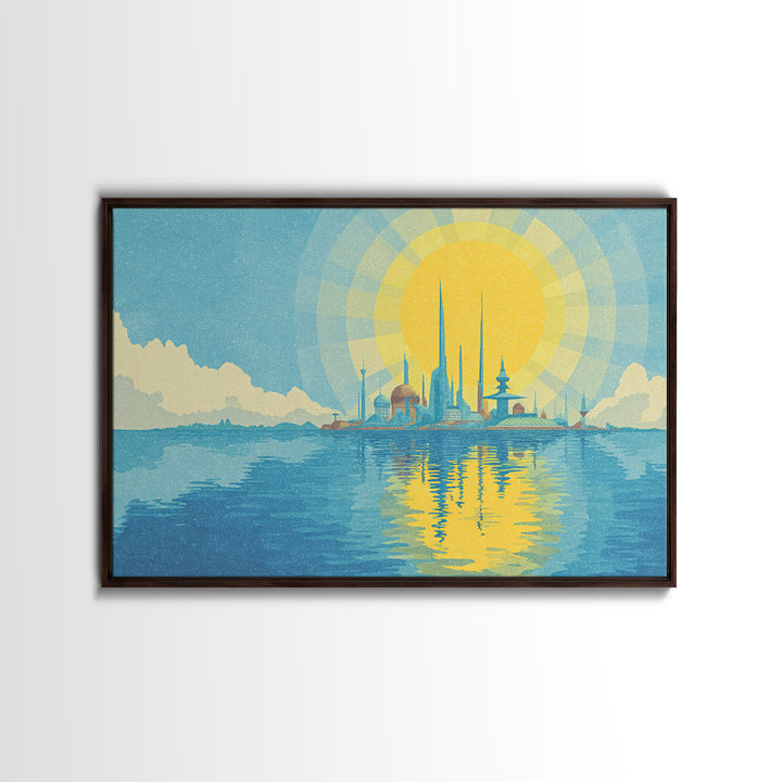 Radiant Sun Over Future Island Skyline Canvas Print, Retro Futuristic Wall Art, Blue Travel Poster, Modern Coastal Decor