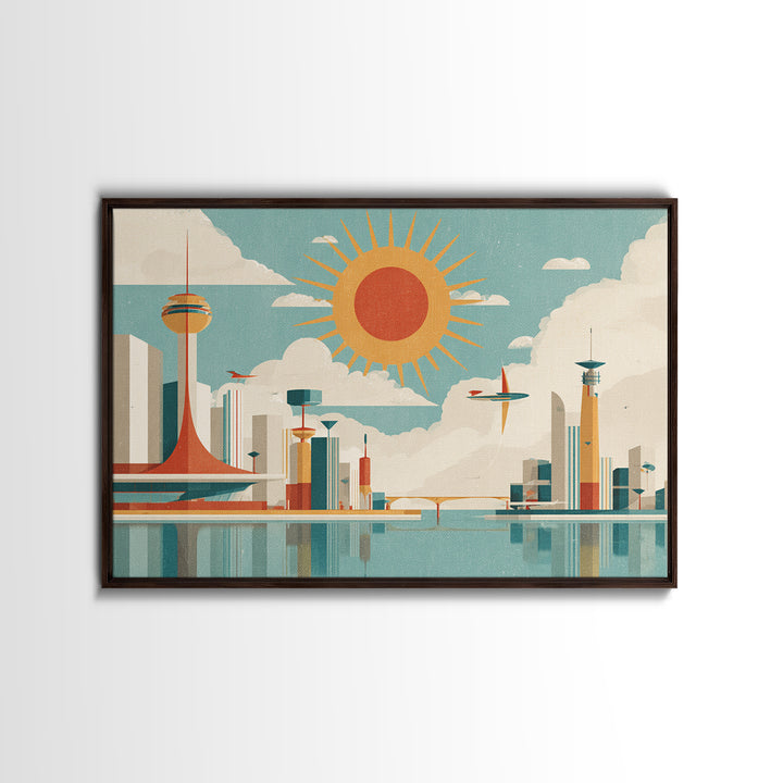 Midcentury Space Age City With Sunburst Wall Art, Atomic Retro Art Print, Geometric Poster, Modern Wall Decor, Mcm Home Decor