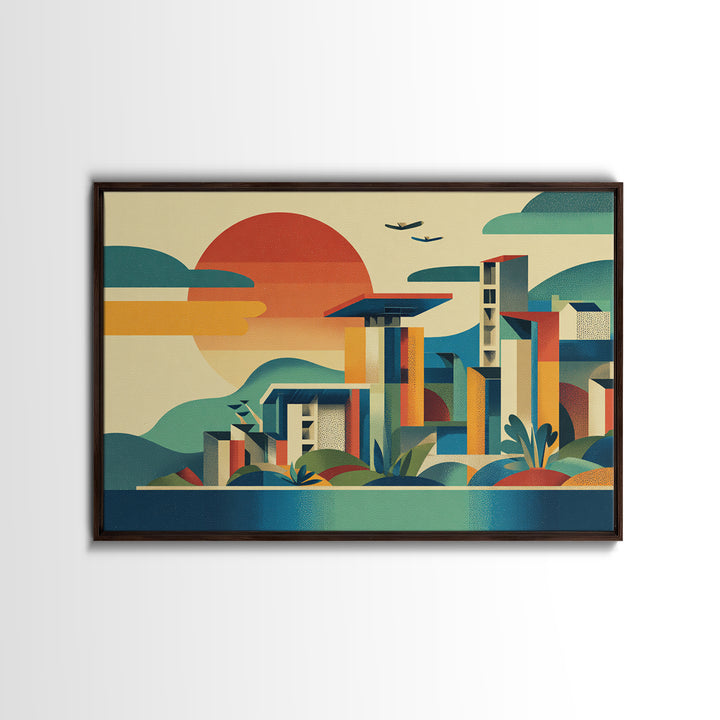 Geometric Coastal City Sunset Canvas Print, Mid Century Modern Wall Art, Bauhaus Poster, Colorful Abstract Home Decor Print
