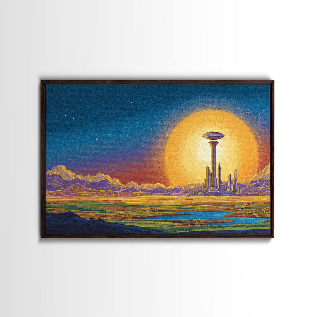 Retro Futuristic Space City With Golden Moon Wall Art, Mid Century Modern Poster, Sci Fi Landscape Print, Man Cave Decor