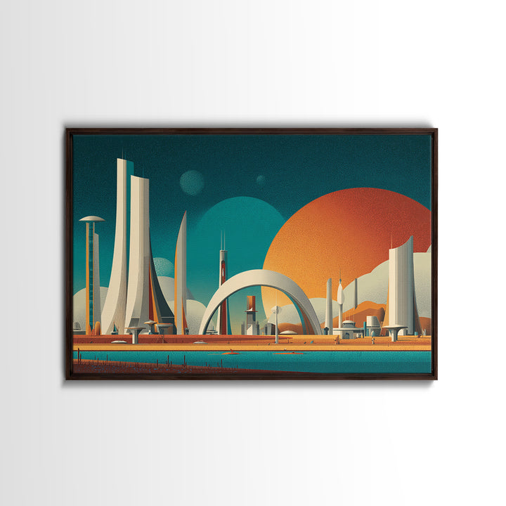 Futurist White Towers And Arched City Canvas Print, Mid Century Modern Wall Art, Retro Sci Fi Poster, Large Wall Decor Print
