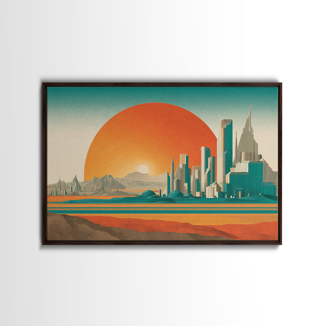 Desert Metropolis With Giant Orange Sun Framed Canvas Print, Mid Century Modern Wall Art, Retro Futuristic Poster, Office Decor