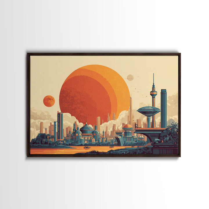 Futuristic Planet Skyline With Domed City Wall Art, Mid Century Modern Poster, Retro Sci Fi Print, Colorful Home Decor Print