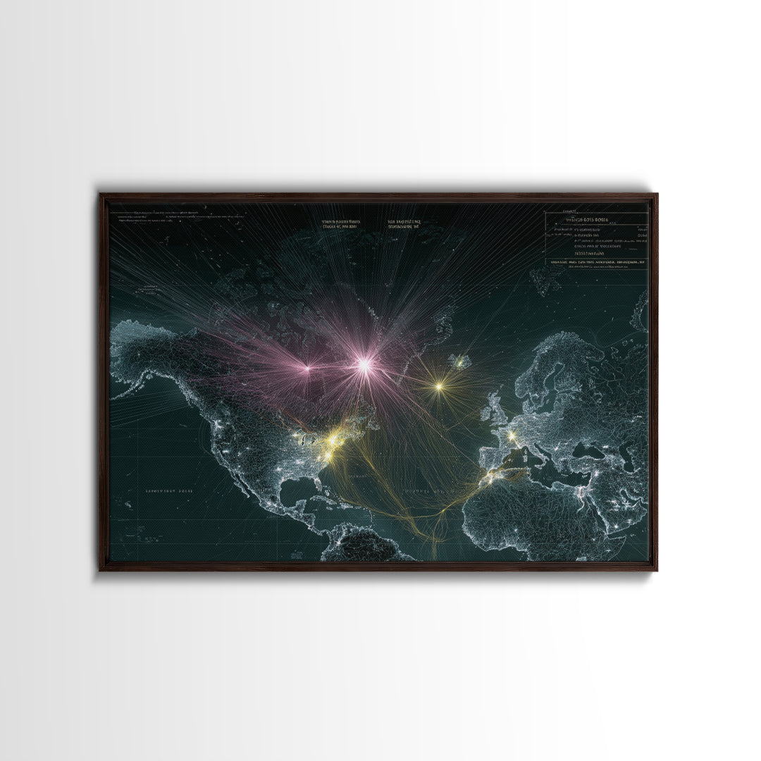Glowing World Map Network Lights Wall Art, Modern Digital Data Artwork, Global Travel Decor, Sci Fi Space Framed Canvas Print