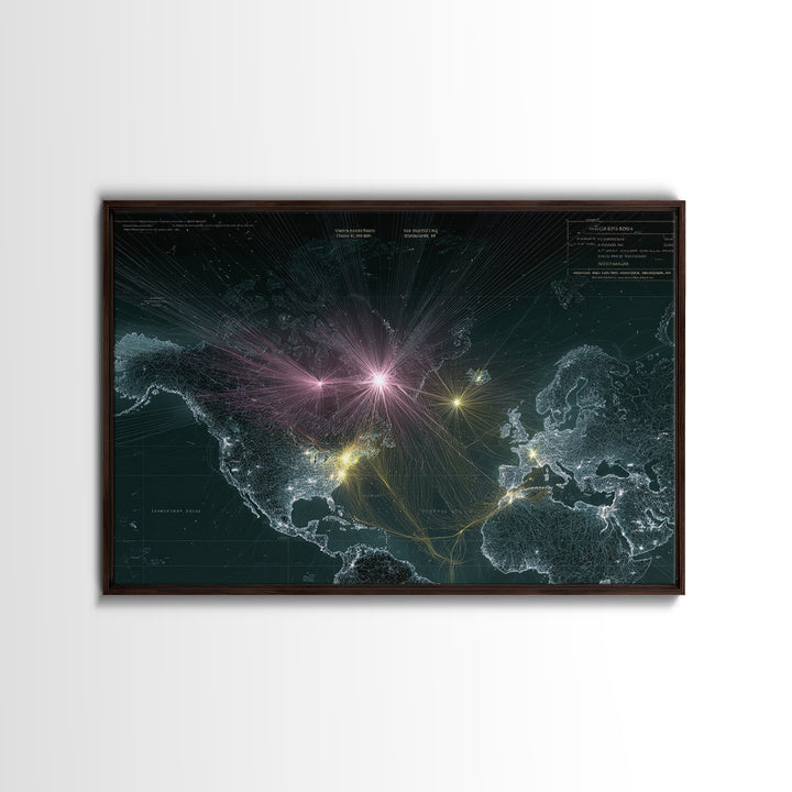 Glowing World Map Network Lights Wall Art, Modern Digital Data Artwork, Global Travel Decor, Sci Fi Space Framed Canvas Print