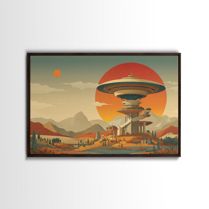 Retro Space Age Saucer Tower In Desert Framed Canvas Print, Mid Century Modern Wall Art, Sci Fi Poster, Statement Decor Print