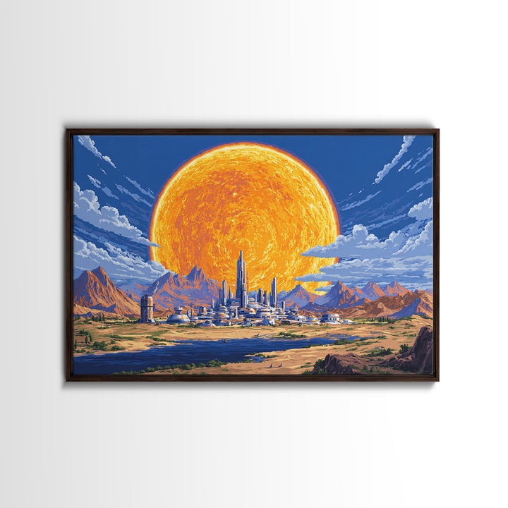 Futuristic Desert City With Giant Orange Sun Wall Art, Retro Sci Fi Poster, Midcentury Modern Art, MCM Space Decor, Living Room Decor