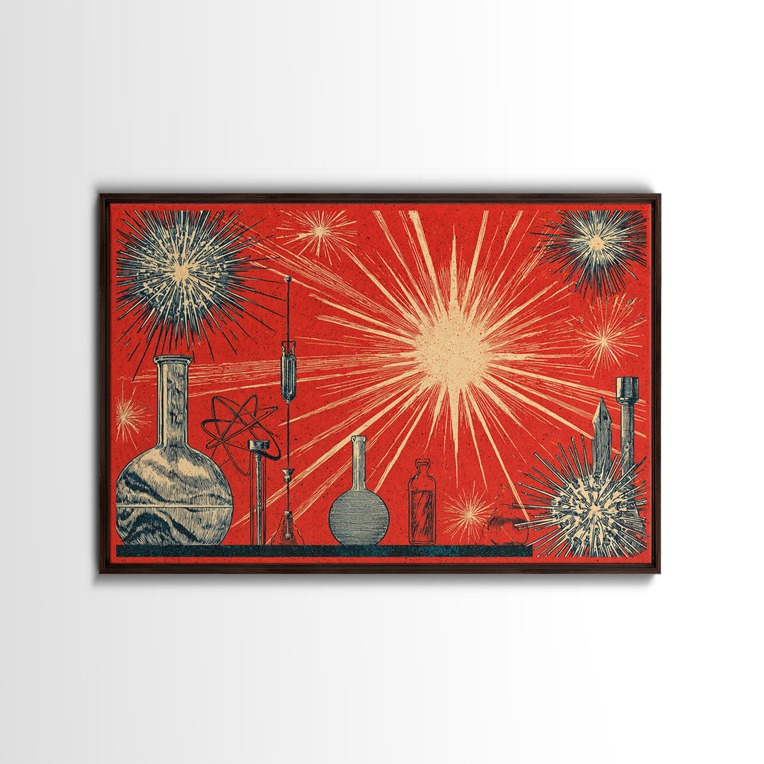Atomic Science Lab Starburst Canvas Print, Midcentury Modern Art, Retro Wall Art, 1950s Design, Red Office Decor Poster Print
