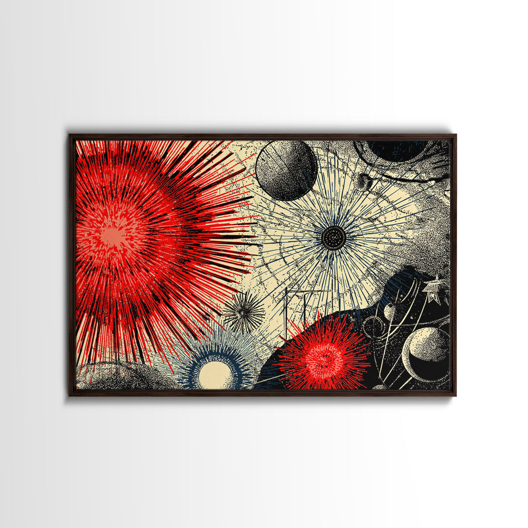 Red Black Cosmic Starburst Wall Art, Retro Space Abstract Art, Midcentury Modern Poster, Atomic Art Print, MCM Room Decor