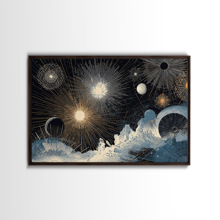 Night Sky Fireworks Over Ocean Waves Canvas Print, Celestial Wall Art, Modern Abstract Art, Blue Gold Living Room Decor Poster