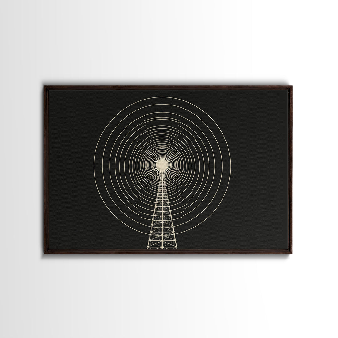 Radio Tower Concentric Signal Wall Art, Black And Cream Midcentury Modern Print, Minimalist Retro Science Office Decor Poster