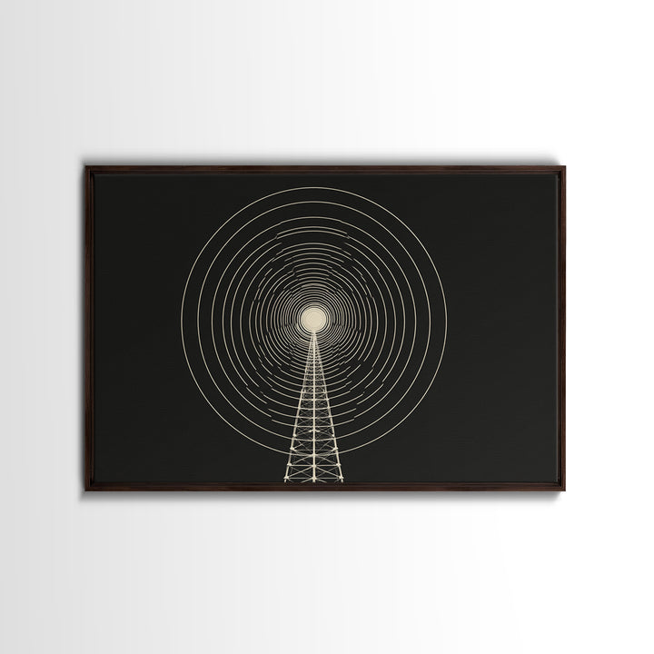 Radio Tower Concentric Signal Wall Art, Black And Cream Midcentury Modern Print, Minimalist Retro Science Office Decor Poster