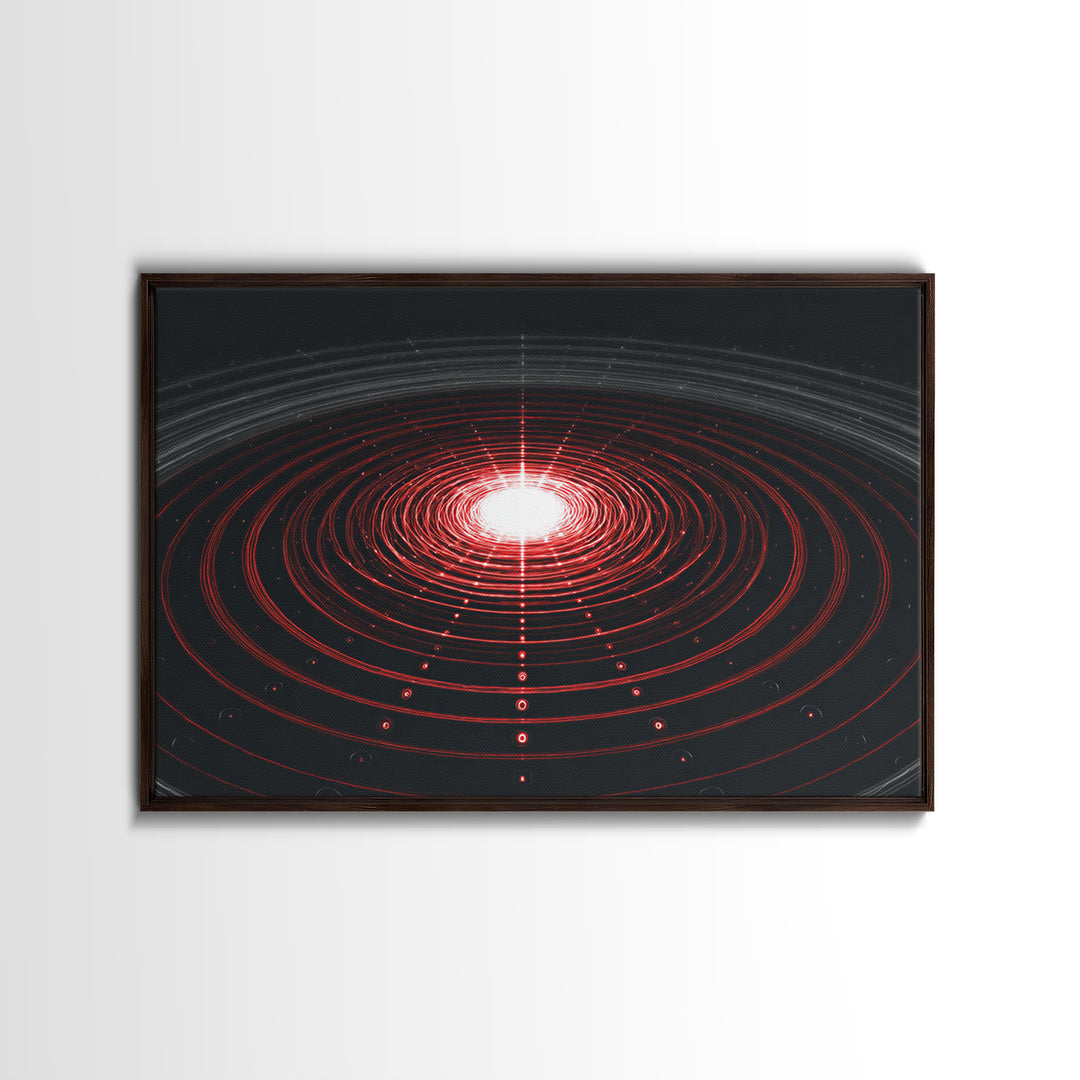 Glowing Red Orbit Disk Wall Art, Sci Fi Abstract Canvas Print, Futuristic Midcentury Modern Poster, Black Office Decor Print