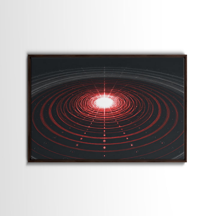 Glowing Red Orbit Disk Wall Art, Sci Fi Abstract Canvas Print, Futuristic Midcentury Modern Poster, Black Office Decor Print
