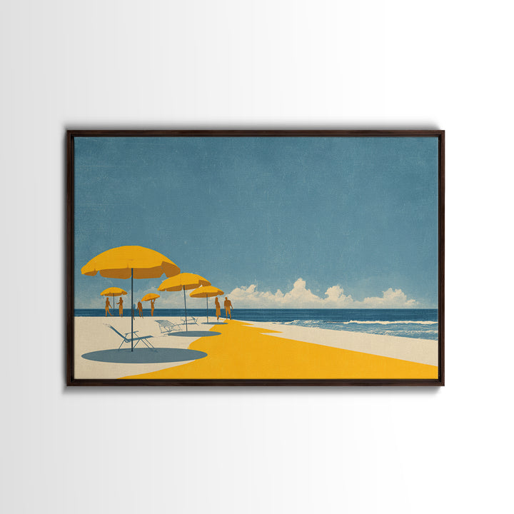 Yellow Beach Umbrellas And Blue Sea Wall Art, Retro Travel Canvas Print, Coastal Summer Poster, Bright Living Room Decor