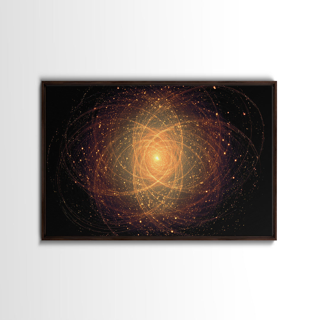 Golden Atomic Particle Orb Wall Art, Modern Abstract Art Print, Space Abstract Art, Midcentury Decor, Framed Canvas Print