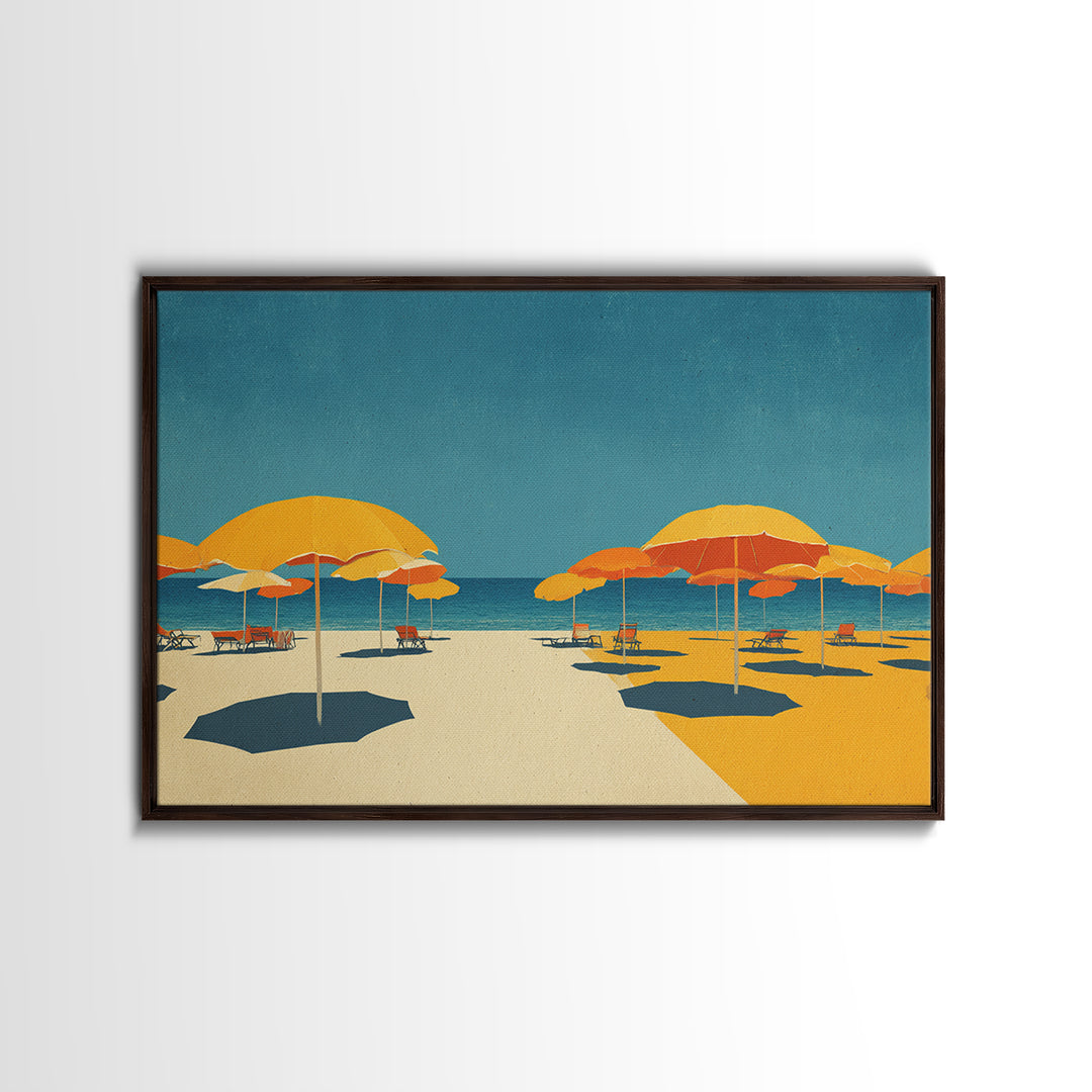 Sunny Yellow Beach Umbrellas Wall Art, Retro Coastal Canvas, Midcentury Modern Decor, Ocean Summer Print For Living Room