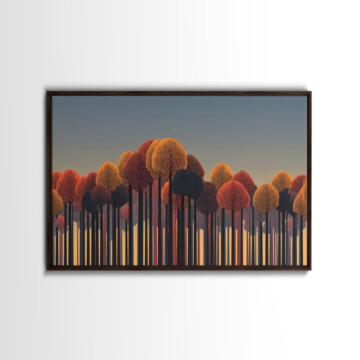 Autumn Orange Red Treeline Wall Art, Bold Midcentury Modern Canvas Print, Retro Forest Decor For Living Room Home Office
