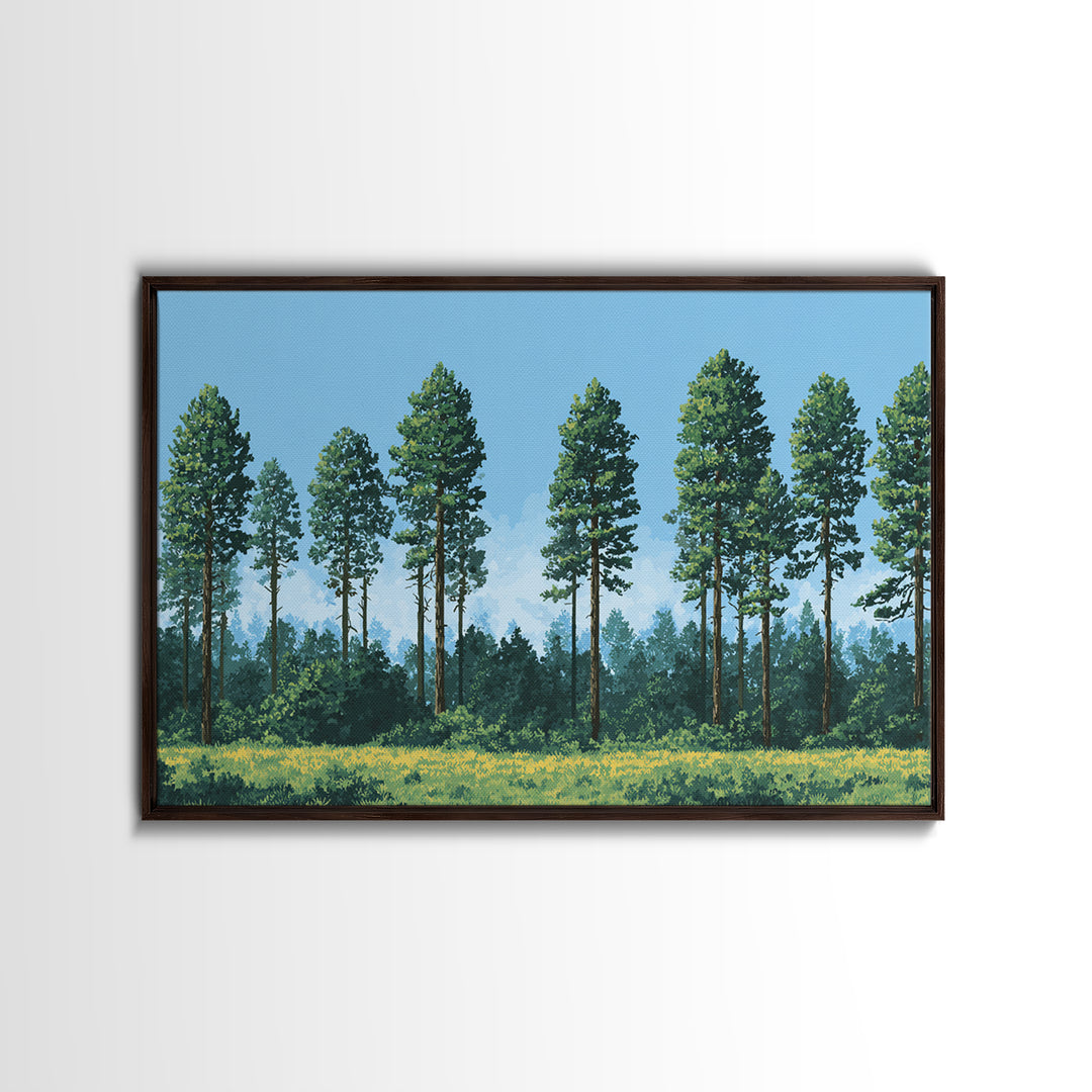 Tall Pine Forest Meadow Wall Art, Nature Landscape Canvas Print, Midcentury Modern Decor For Cabin Living Room Office Art