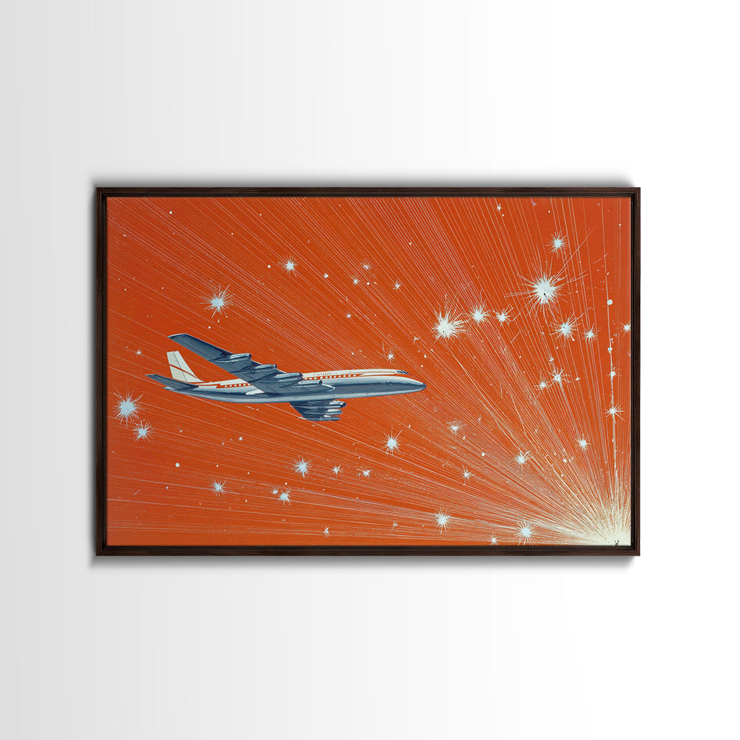 Orange Starburst Jet Canvas Print, Midcentury Modern Wall Art, Retro Aviation Poster, Bold Atomic Travel Decor Gift For Him