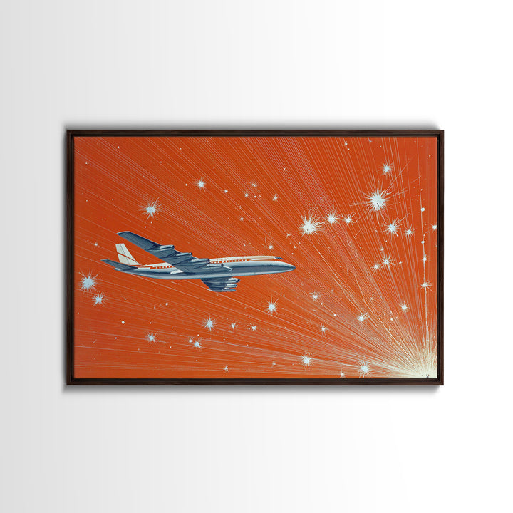 Orange Starburst Jet Canvas Print, Midcentury Modern Wall Art, Retro Aviation Poster, Bold Atomic Travel Decor Gift For Him