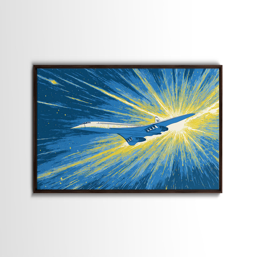 Supersonic Jet Burst Framed Canvas Print, Midcentury Modern Wall Art, Retro Sci Fi Poster, Blue Yellow Aviation Home Decor