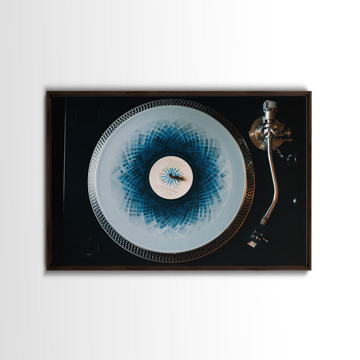 Blue Spirograph Vinyl Record Framed Canvas Print, Modern Music Wall Decor, Turntable Photography, Geometric MCM Art Print