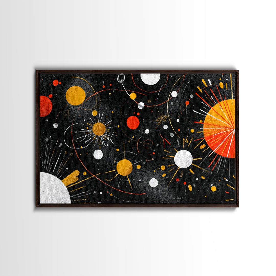 Atomic Black Cosmic Orbits With Red And Gold Suns Wall Art, Mid Century Modern Space Abstract Print, Retro MCM Wall Decor