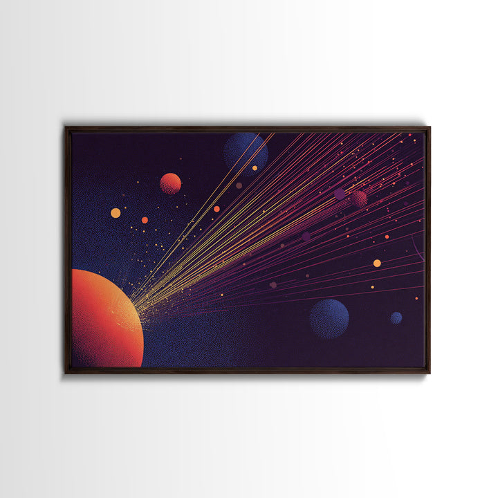 Orange Planet With Laser Orbit Lines Canvas Print, Mid Century Modern Space Poster, Retro Sci Fi Wall Art, MCM Room Decor