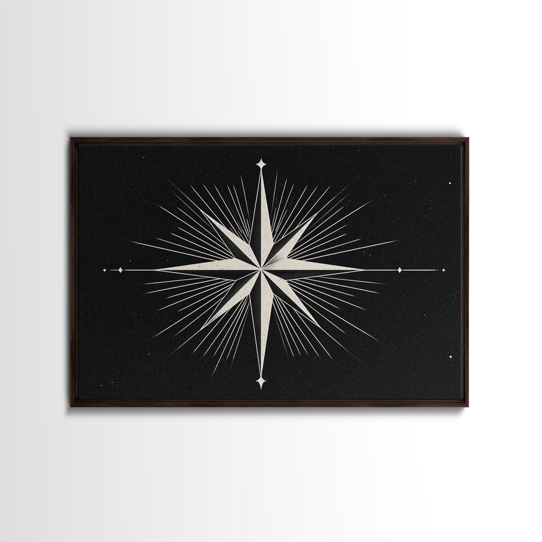 White Compass Star On Black Speckled Sky Wall Art, Mid Century Modern Abstract Print, Minimalist Retro Geometric Wall Decor