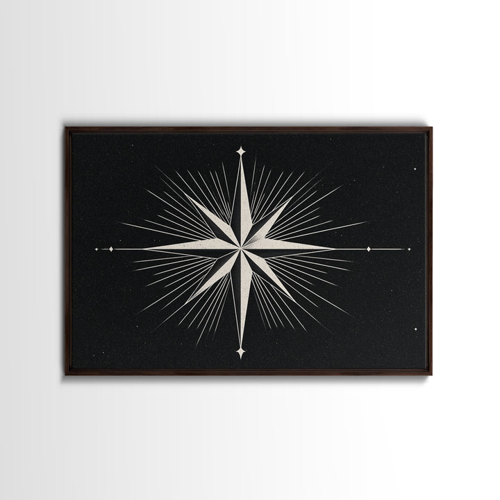 White Compass Star On Black Speckled Sky Wall Art, Mid Century Modern Abstract Print, Minimalist Retro Geometric Wall Decor