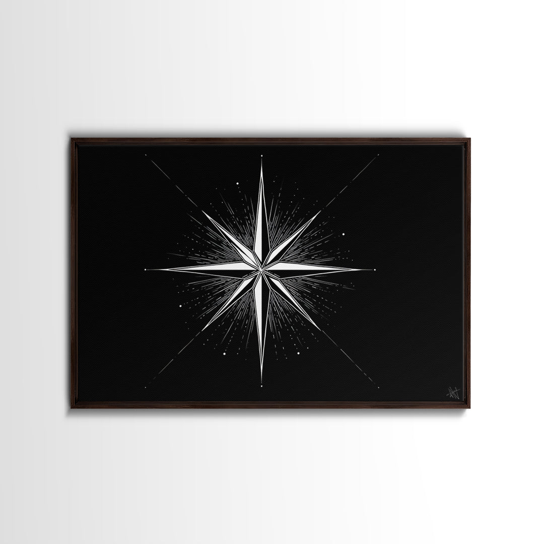 Sharp White Starburst On Deep Black Canvas Print, Minimalist Geometric Wall Art, Modern Abstract Poster, Retro MCM Decor