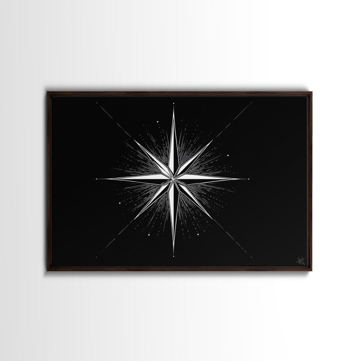 Sharp White Starburst On Deep Black Canvas Print, Minimalist Geometric Wall Art, Modern Abstract Poster, Retro MCM Decor