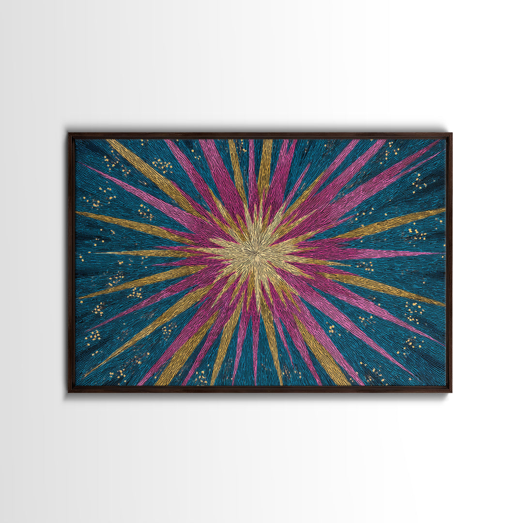 Teal Pink Gold Radiating Star Lines Framed Canvas Print, Modern Abstract Wall Art, Colorful Mid Century Modern MCM Decor Poster