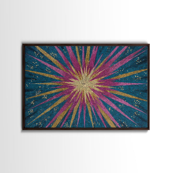Teal Pink Gold Radiating Star Lines Framed Canvas Print, Modern Abstract Wall Art, Colorful Mid Century Modern MCM Decor Poster
