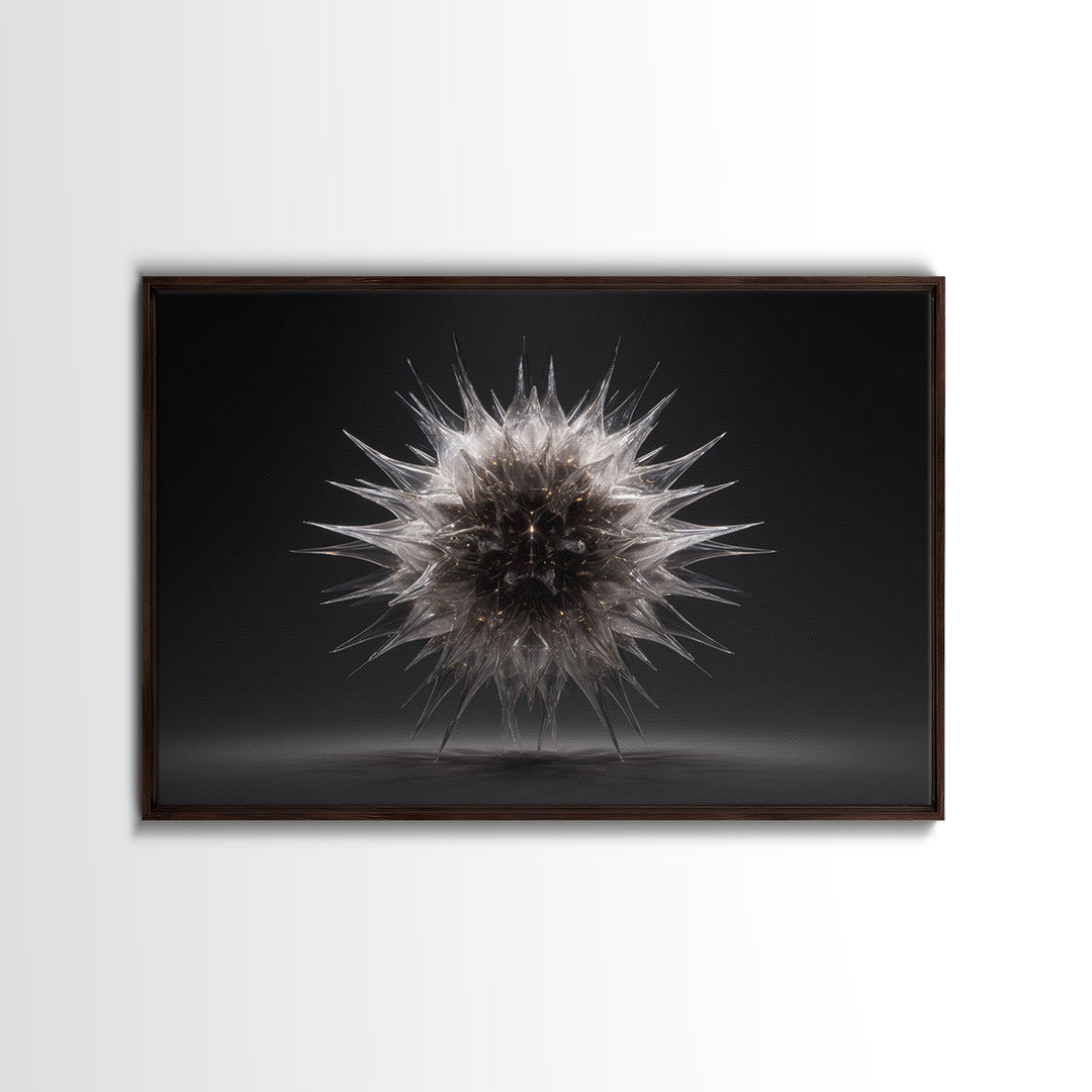 Silver Thorn Sphere Framed Canvas Print, Modern Abstract Art, Black Wall Decor, Sci Fi Sculpture Poster, Masculine Home Office Art