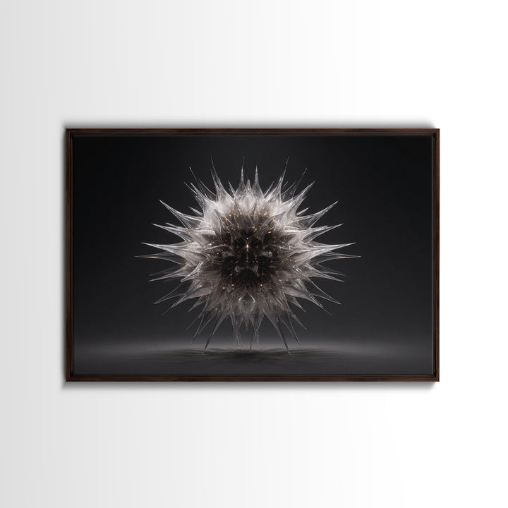 Silver Thorn Sphere Framed Canvas Print, Modern Abstract Art, Black Wall Decor, Sci Fi Sculpture Poster, Masculine Home Office Art