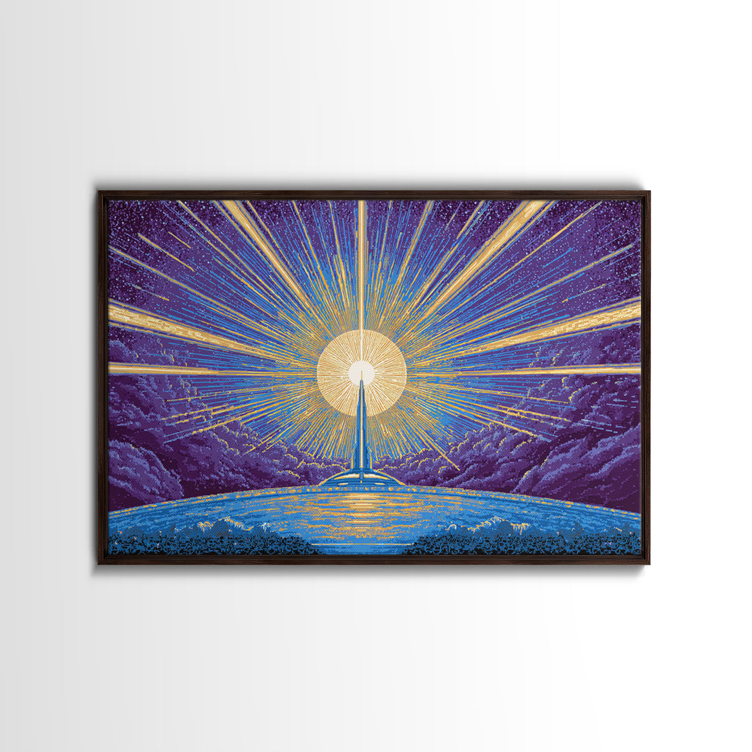 Radiant Rocket Sunrise Wall Art, Retro Sci Fi Poster, Mid Century Modern Art Print, Blue Yellow Space Decor, Space Abstract Art