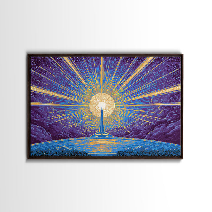 Radiant Rocket Sunrise Wall Art, Retro Sci Fi Poster, Mid Century Modern Art Print, Blue Yellow Space Decor, Space Abstract Art