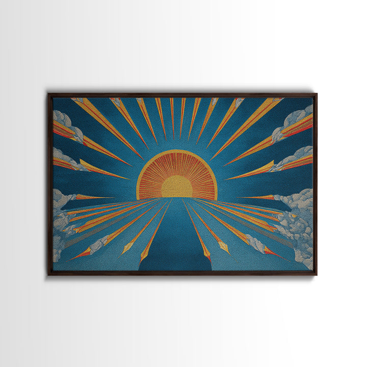 Embroidered Sunburst Canvas Print, Mid Century Modern Wall Art, Retro Sun Poster, Teal Orange Textile Style Home Decor Print